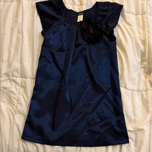 Little Girls Formal Navy Satin Sleeveless Dress with Flower Accent